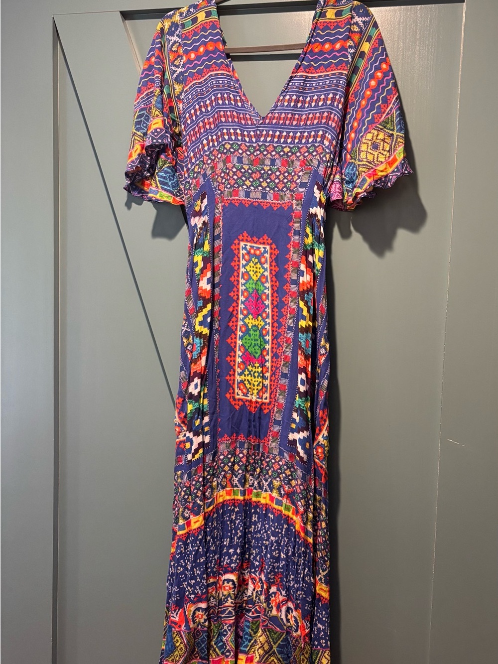 Flowy Multicolor V-Neck Printed Maxi Dress